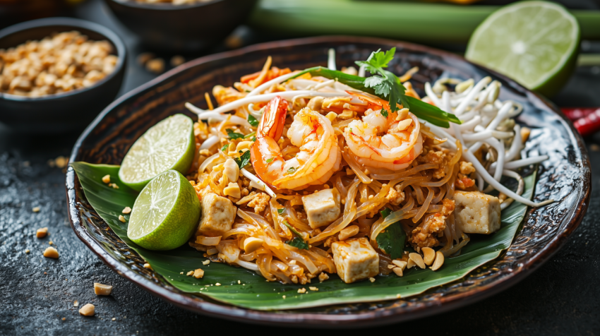 Colorful Thai Pad Thai with Shrimp and Bean Sprouts