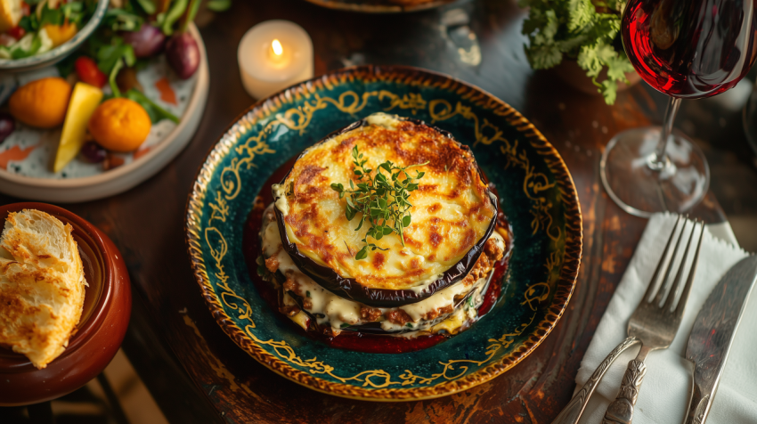Traditional Greek Moussaka with Eggplant and Lamb on Ceramic Plate