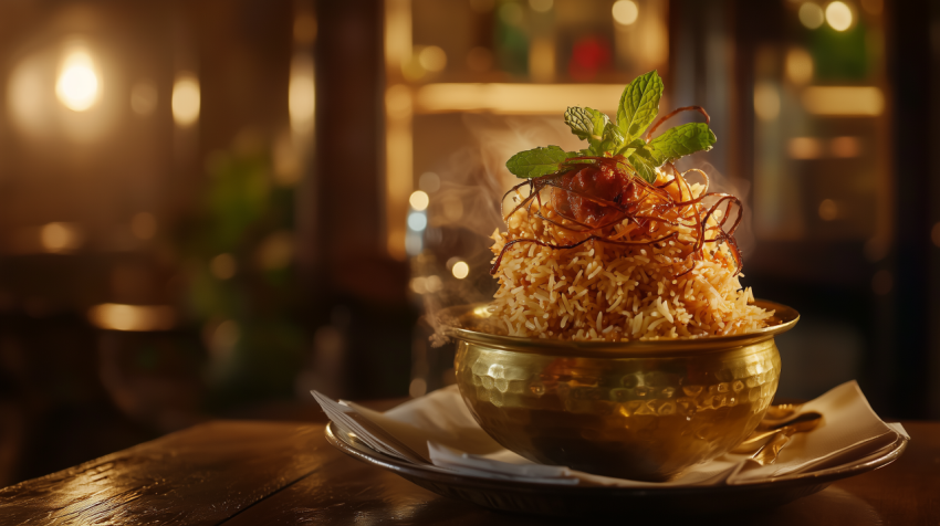 Fragrant Indian Biryani with Spiced Chicken and Saffron in Brass Pot