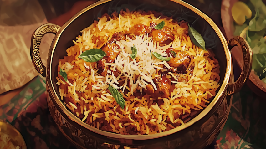 Vibrant Indian Biryani with Chicken and Saffron in Brass Pot