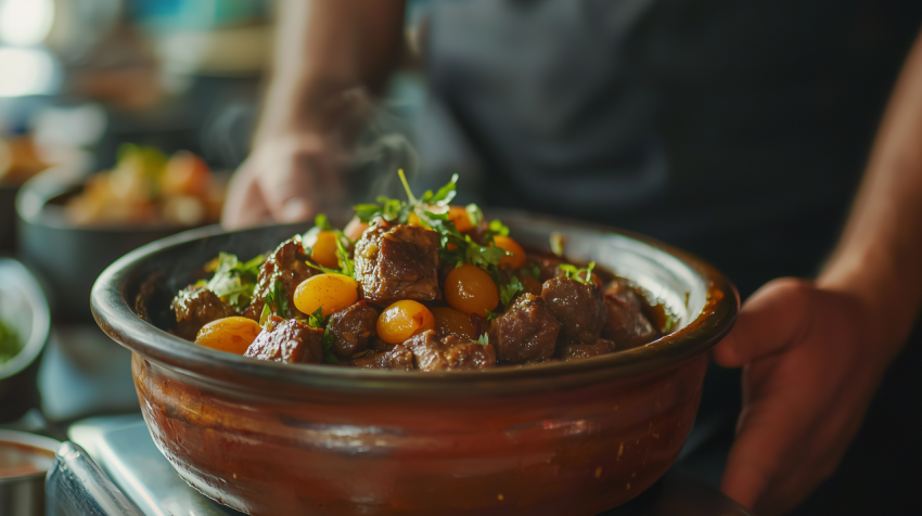Traditional Moroccan Tagine with Lamb Apricots and Almonds in Clay Pot