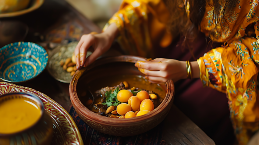 Vibrant Moroccan Tagine with Lamb and Apricots in Clay Pot