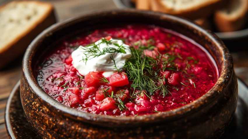 Rustic Ukrainian Borscht with Beet and Sour Cream in Clay Bowl