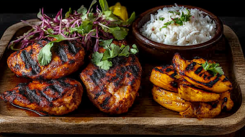 Vibrant Jamaican Jerk Chicken with Rice and Peas on Wooden Platter