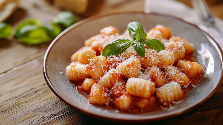 Vibrant Italian Gnocchi with Tomato Basil Sauce on Rustic Table
