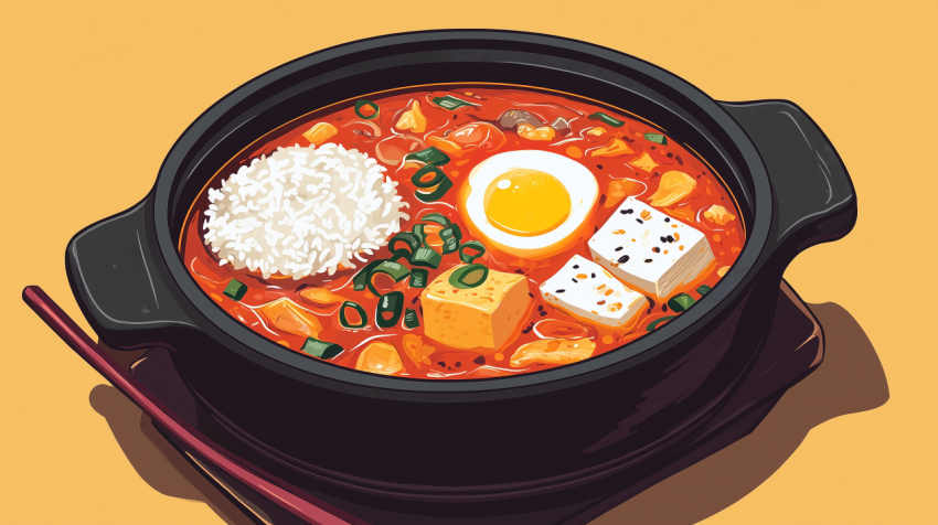 Spicy Korean Kimchi Jjigae with Tofu and Pork in Stone Pot