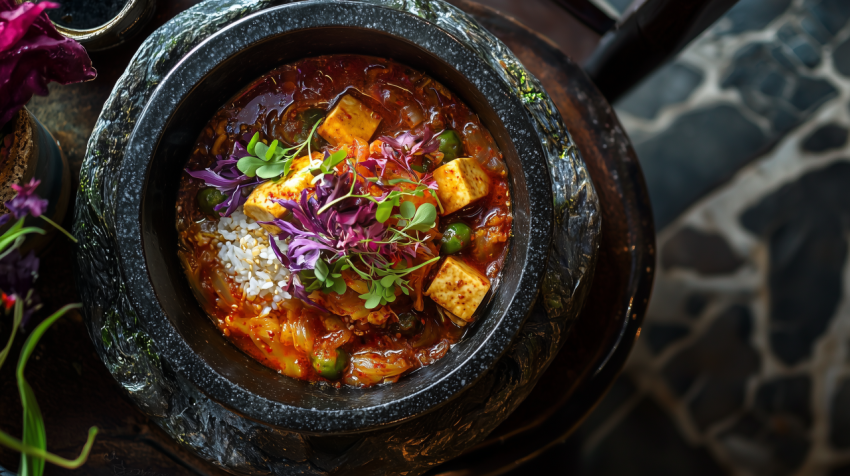 Traditional Korean Kimchi Jjigae with Steamed Rice