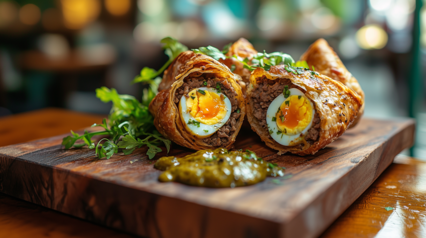 Vibrant Argentine Empanadas with Beef and Chimichurri on Wooden Board