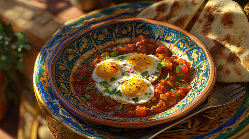 Spicy Israeli Shakshuka with Poached Eggs and Pita Bread on Ceramic Plate