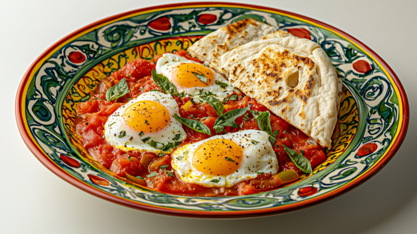 Vibrant Israeli Shakshuka with Pita Bread on Ceramic Plate
