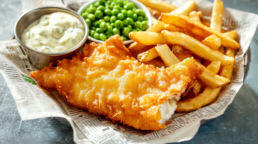 Classic English Fish and Chips with Mushy Peas and Tartar Sauce