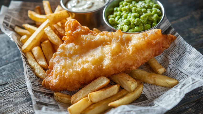 Vibrant English Fish and Chips with Tartar Sauce on Newspaper Plate