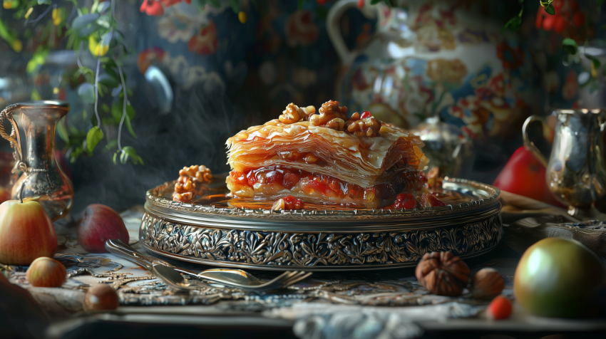 Sweet Turkish Baklava with Nuts and Honey Syrup on Silver Tray