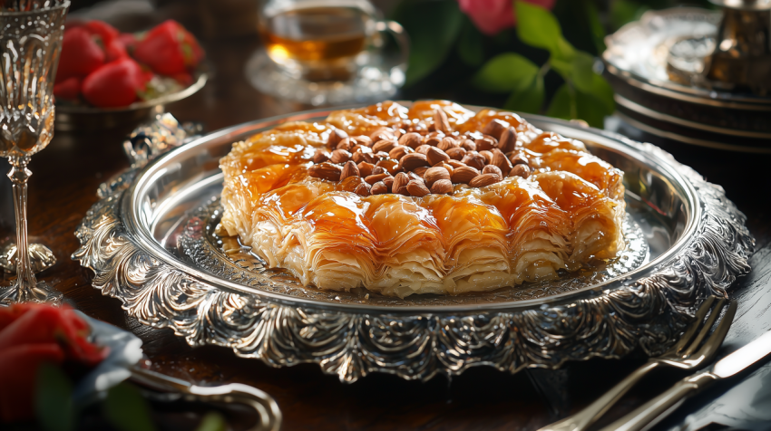 Traditional Turkish Baklava with Nuts and Honey Syrup