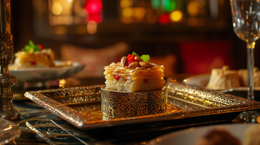 Vibrant Turkish Baklava with Nuts and Honey Syrup on Silver Tray