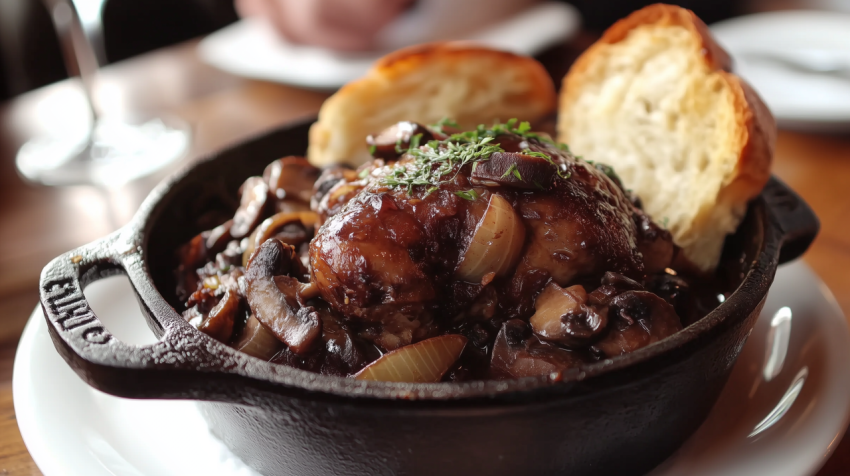 Tender French Coq au Vin with Red Wine and Mushrooms