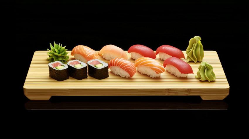 Authentic Japanese Sushi Platter with Nigiri and Maki Rolls on Bamboo Tray