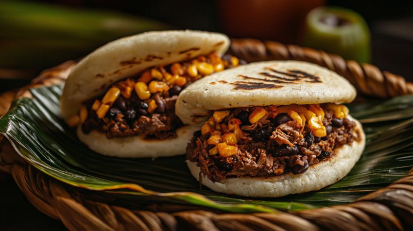 Grilled Venezuelan Arepas with Beef Beans and Cheese on Palm Leaf Plate