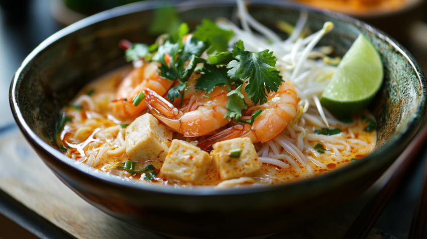 Spicy Malaysian Laksa with Shrimp and Tofu in Ceramic Bowl