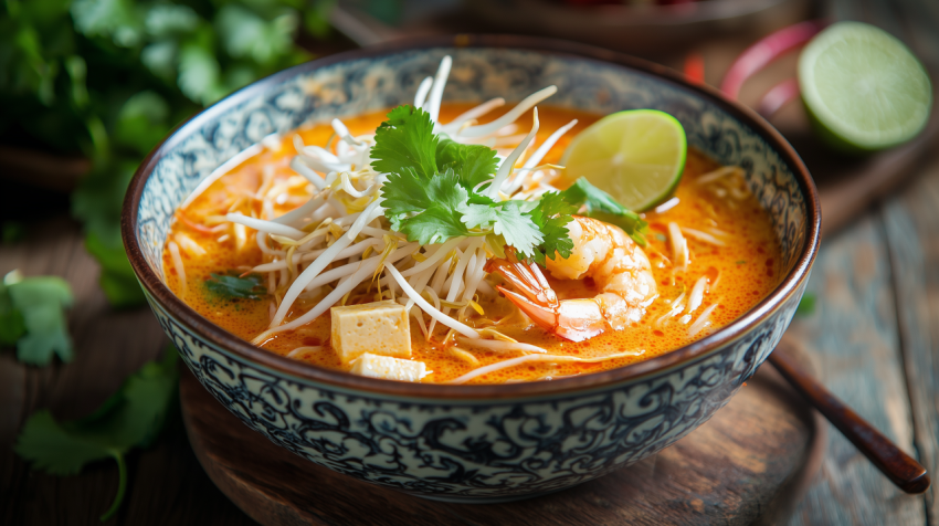 Vibrant Malaysian Laksa with Shrimp and Tofu in Ceramic Bowl