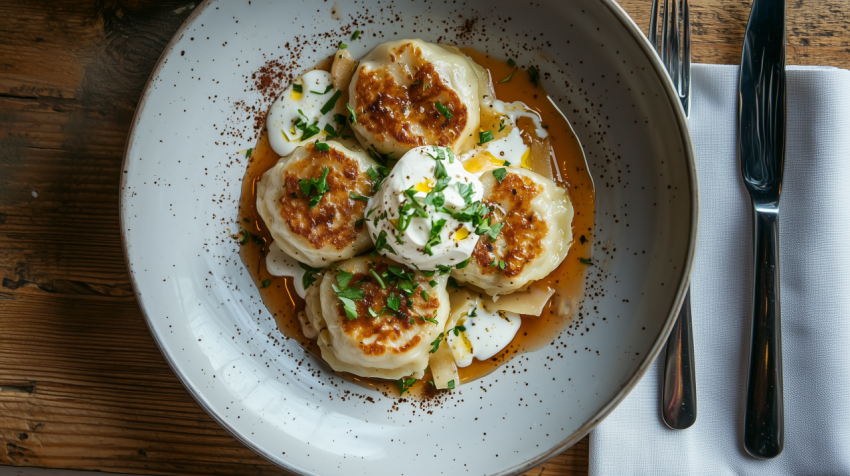 Golden Polish Pierogi with Potato and Cheese and Sour Cream