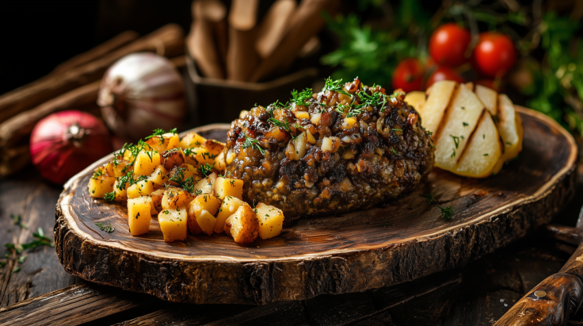 Traditional Scottish Haggis with Neeps and Tatties on Wooden Platter