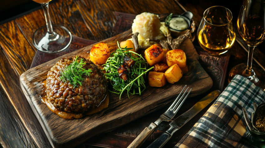 Vibrant Scottish Haggis with Neeps and Tatties on Wooden Platter