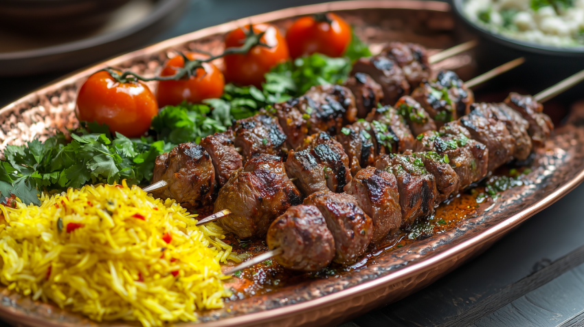 Grilled Iranian Kebab Platter with Lamb and Saffron Rice on Copper Tray