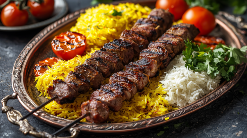Fragrant Iranian Kebab Platter with Saffron Rice and Tomatoes