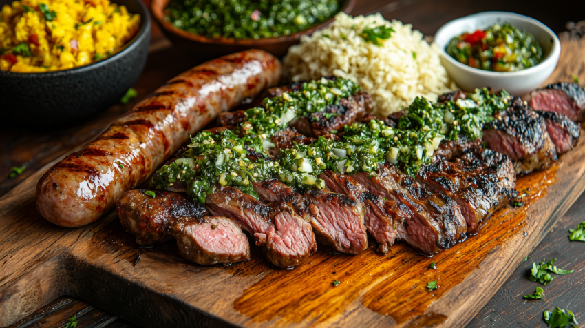 Grilled Brazilian Churrasco with Picanha and Sausage on Wooden Board