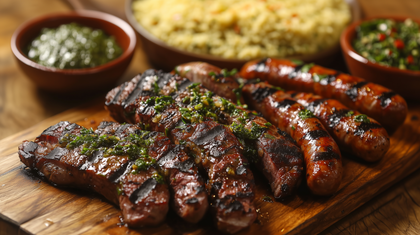 Vibrant Brazilian Churrasco with Picanha and Chimichurri on Wooden Board