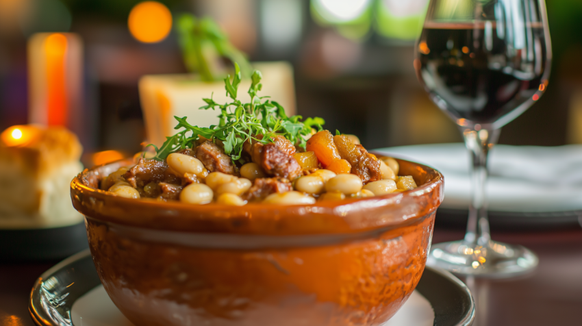 Classic French Cassoulet with Duck Confit and Sausage in Clay Pot