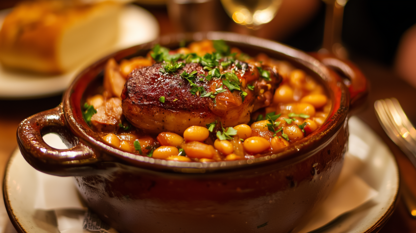 Vibrant French Cassoulet with Duck Confit and Sausage in Clay Pot