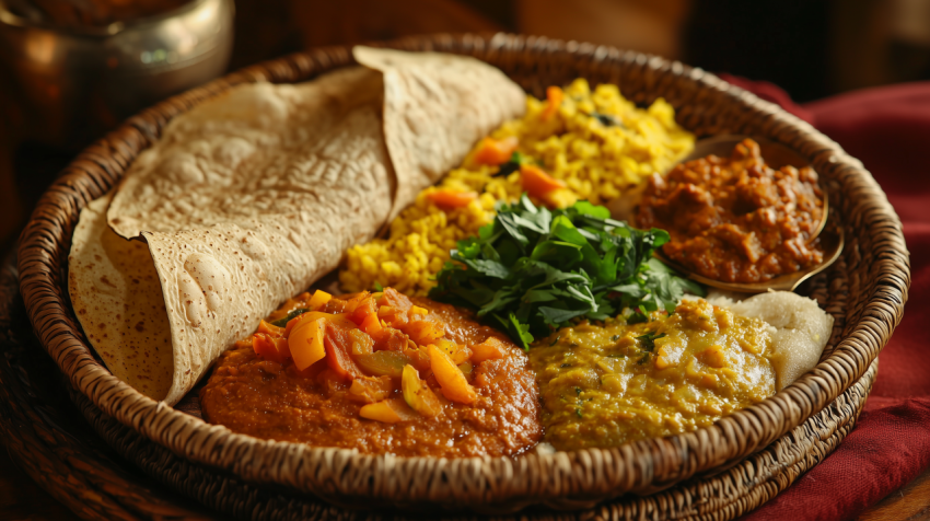 Traditional Ethiopian Injera with Doro Wat and Misir Wat on Basket Tray