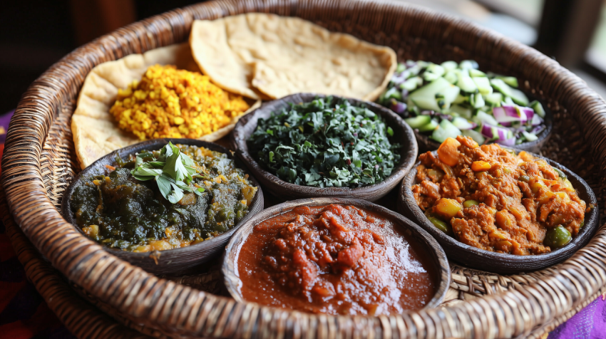 Vibrant Ethiopian Injera with Doro Wat and Misir Wat on Basket Tray