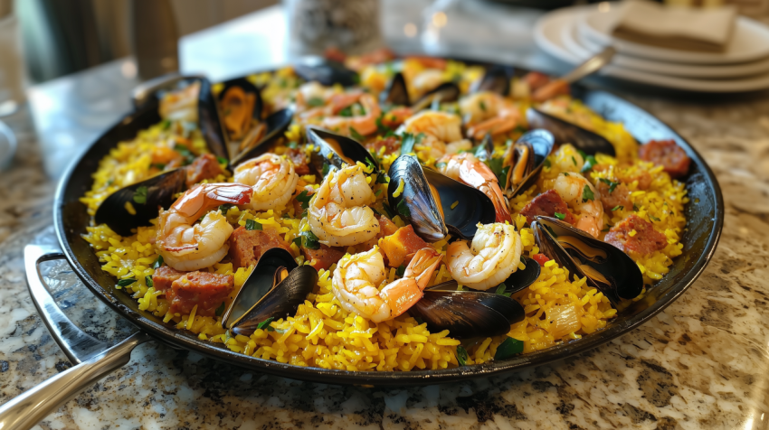 Authentic Spanish Paella with Shrimp and Chorizo in Paella Pan