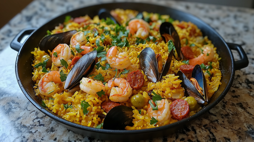 Traditional Spanish Paella with Chorizo and Saffron Rice