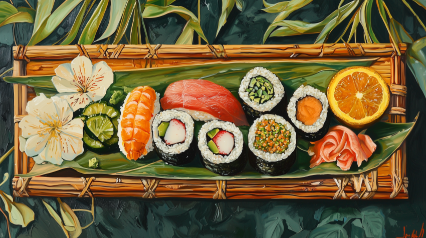 Fresh Japanese Sushi Platter with Sashimi and Maki Rolls