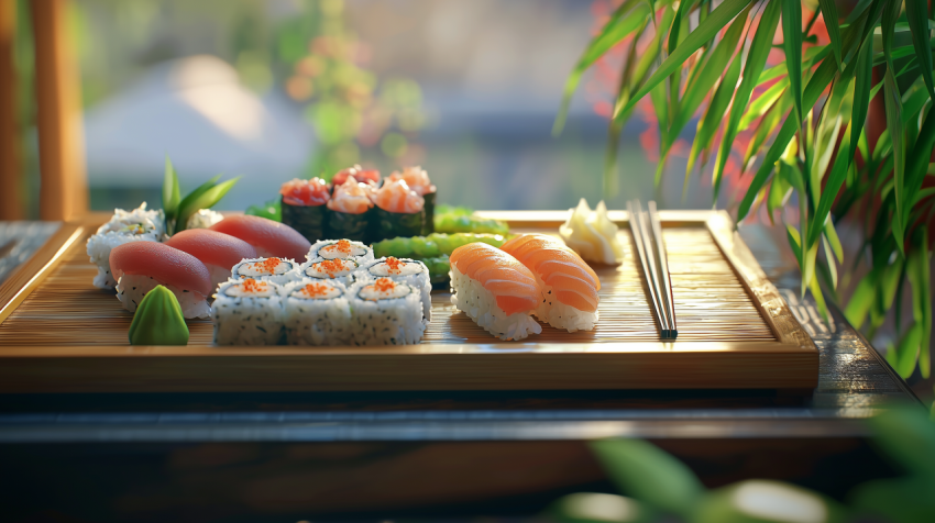 Vibrant Japanese Sushi Platter with Maki Rolls and Wasabi