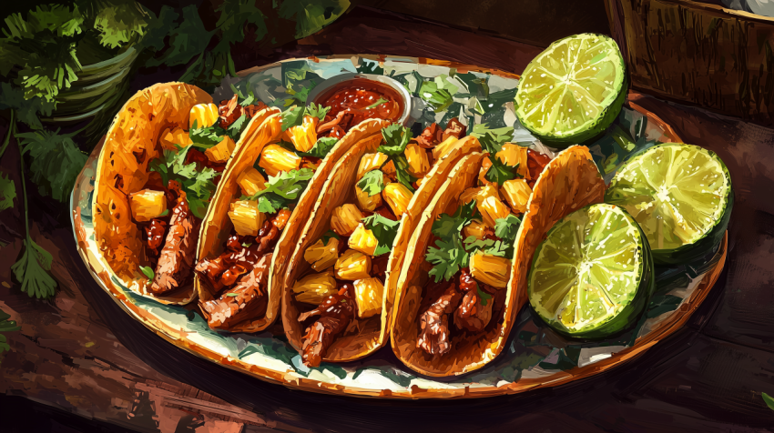 Vibrant Mexican Tacos al Pastor with Pineapple and Salsa on Corn Tortillas