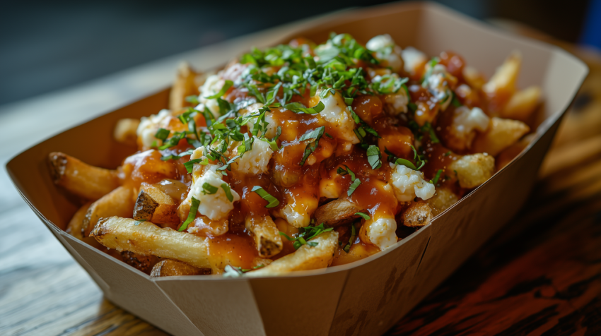 Classic Canadian Poutine with Cheese Curds and Gravy in Paper Tray