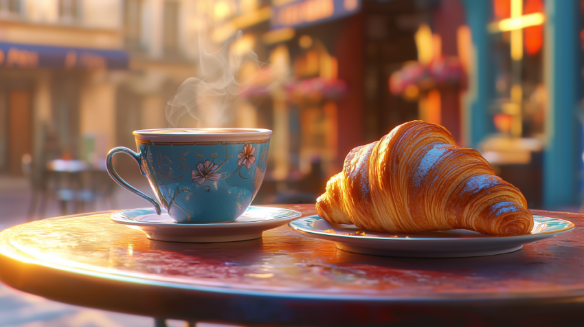 Classic French Croissant and Café au Lait on Parisian Café Table