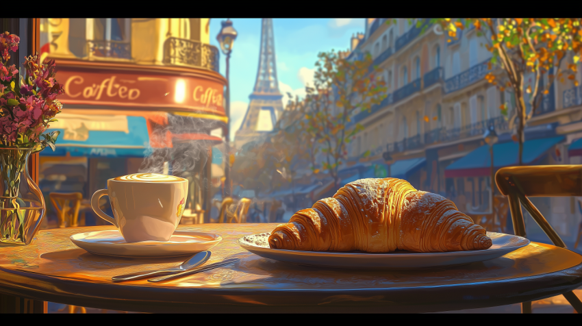 Traditional French Croissant and Coffee on Café Table