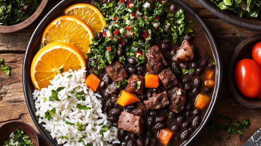 Traditional Brazilian Feijoada with Pork and Rice