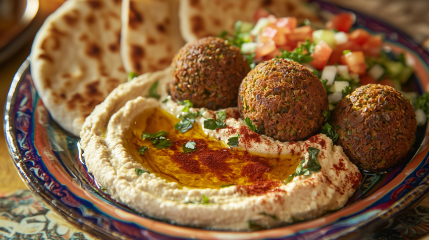 Creamy Lebanese Hummus and Crispy Falafel on Colorful Platter