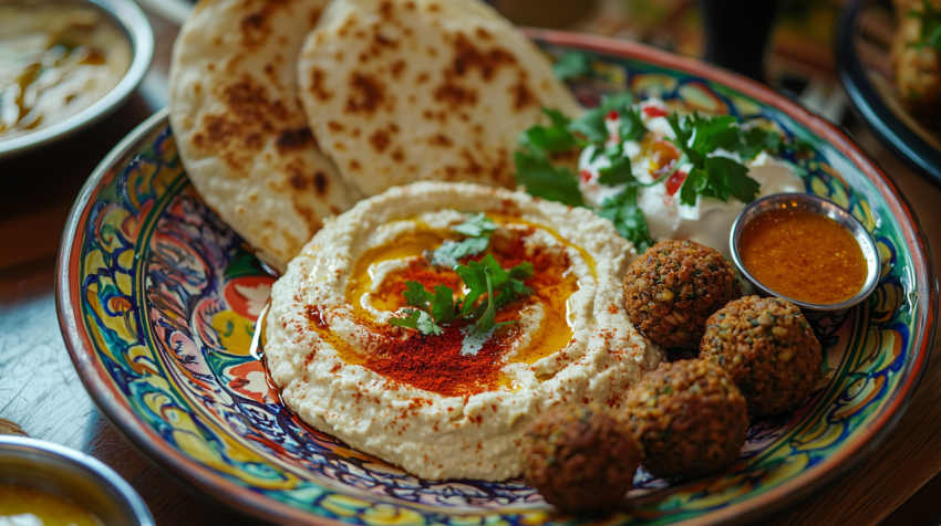 Traditional Lebanese Hummus with Falafel and Pita Bread