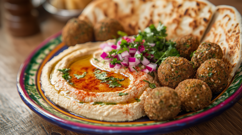 Vibrant Lebanese Hummus and Falafel on Colorful Platter