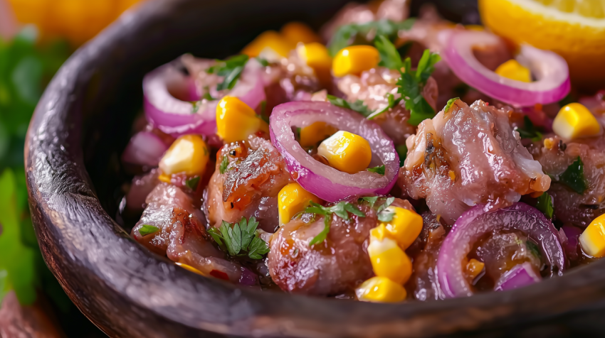 Traditional Peruvian Ceviche with Red Onions and Corn