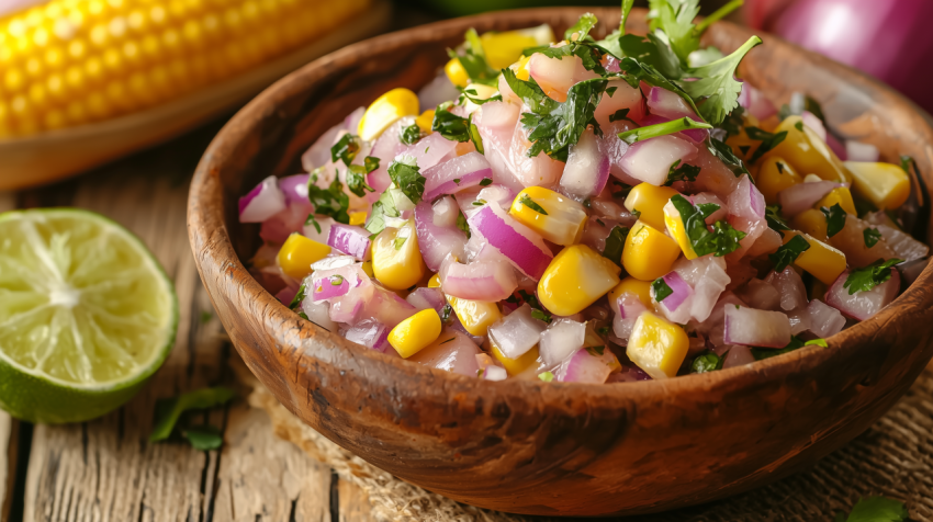 Vibrant Peruvian Ceviche with Lime Juice and Cilantro in Rustic Bowl