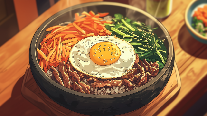 Authentic Korean Bibimbap with Beef and Fried Egg in Hot Stone Bowl
